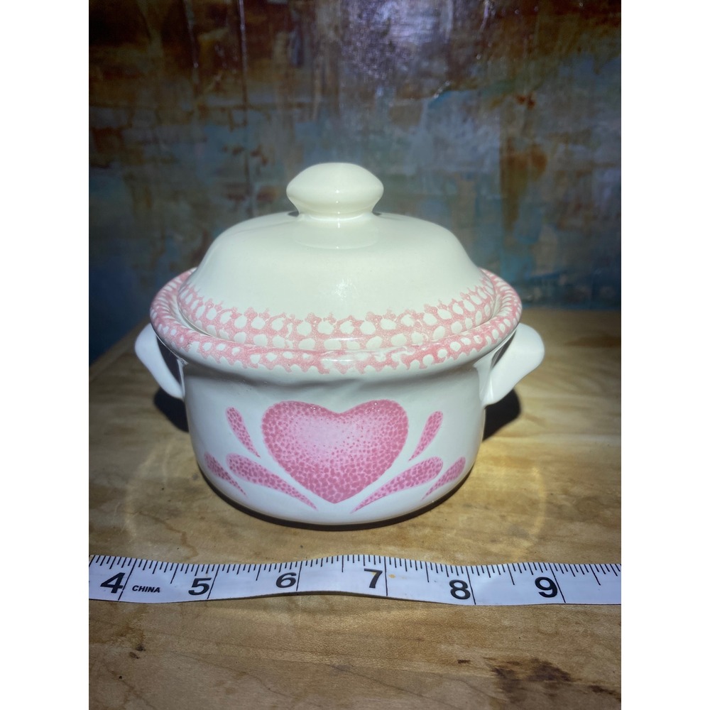 Vintage Pink Heart Ceramic Mini Cocotte Lidded Sugar Bowl White Spongeware 5.5in